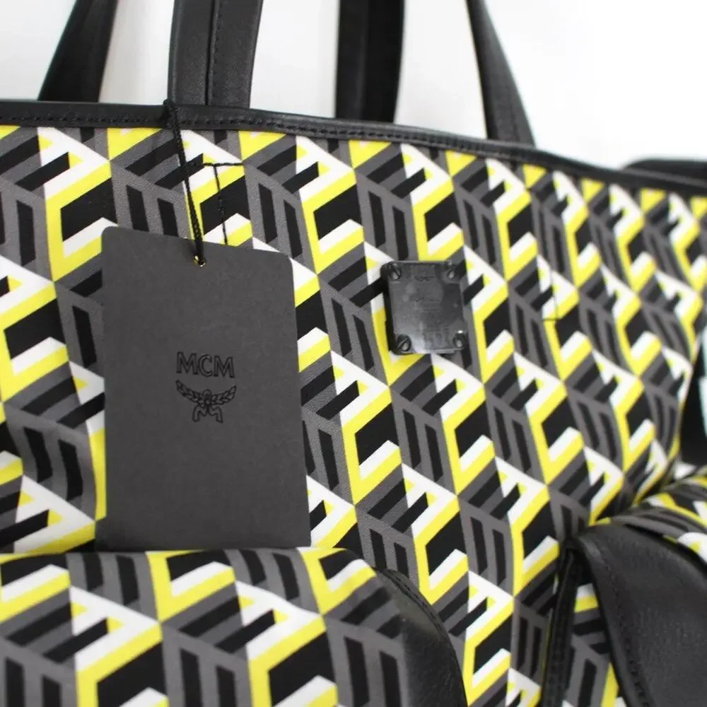 MCM Large Cubic Tote Bag Yellow Monogram Black Leather Trim Shoulder Crossbody